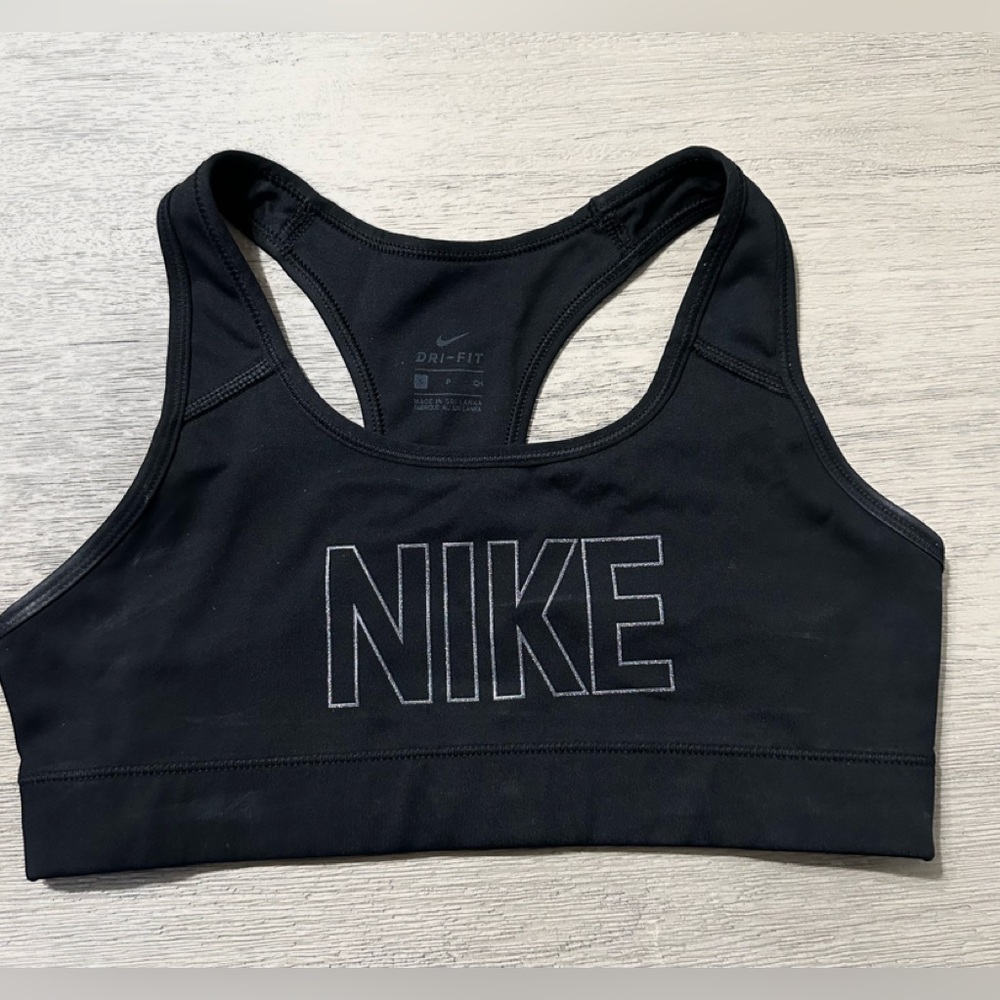 NIKE Dri-Fit Glitter Logo Athletic Bra - Black - Size Small